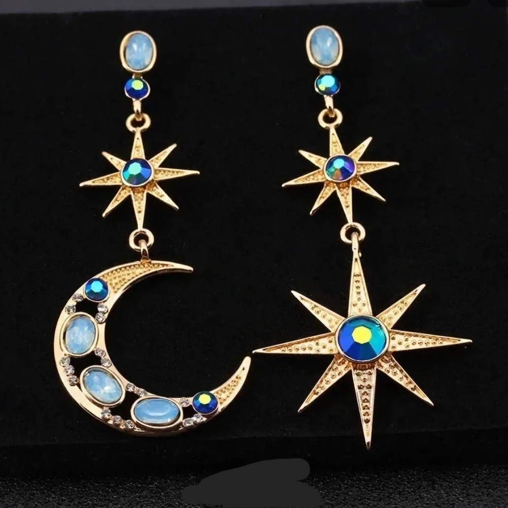 SEE NEW LISTING Moon and Star Drop Earrings Blue Rhinestones Gold Tone - Picture 7 of 12